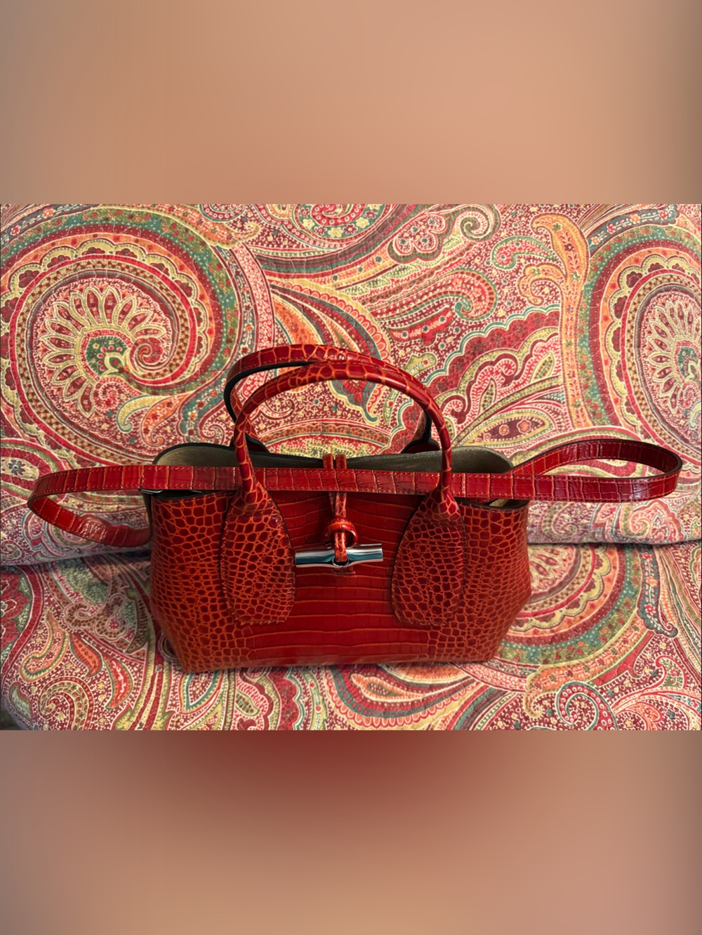 Longchamp Red Croc-Embossed Shoulder Tote